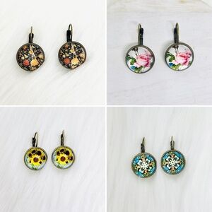 Vintage Feel Floral Print Design Earrings 4 pairs Set